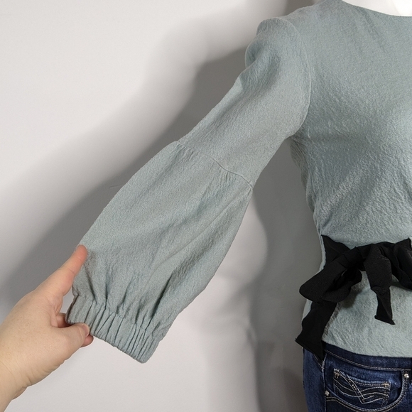 Mignon Doo blue wool blend tie waist long sleeve top XS - Picture 3 of 9